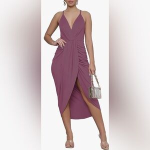Lyaner Womens V Neck Ruched Wrap Slit Hem Spaghetti Strap Dress